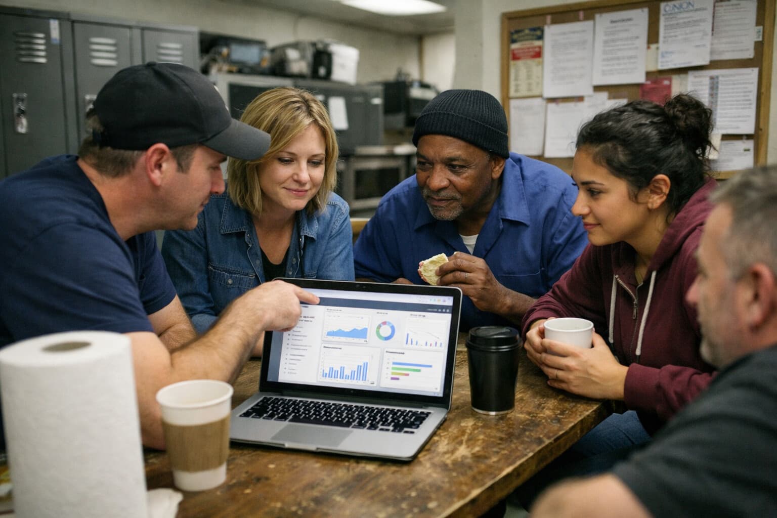 Small group of workers gathered around a laptop reviewing union dashboard