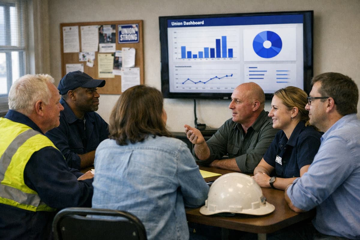 Union workers gathered around a laptop reviewing engagement dashboard