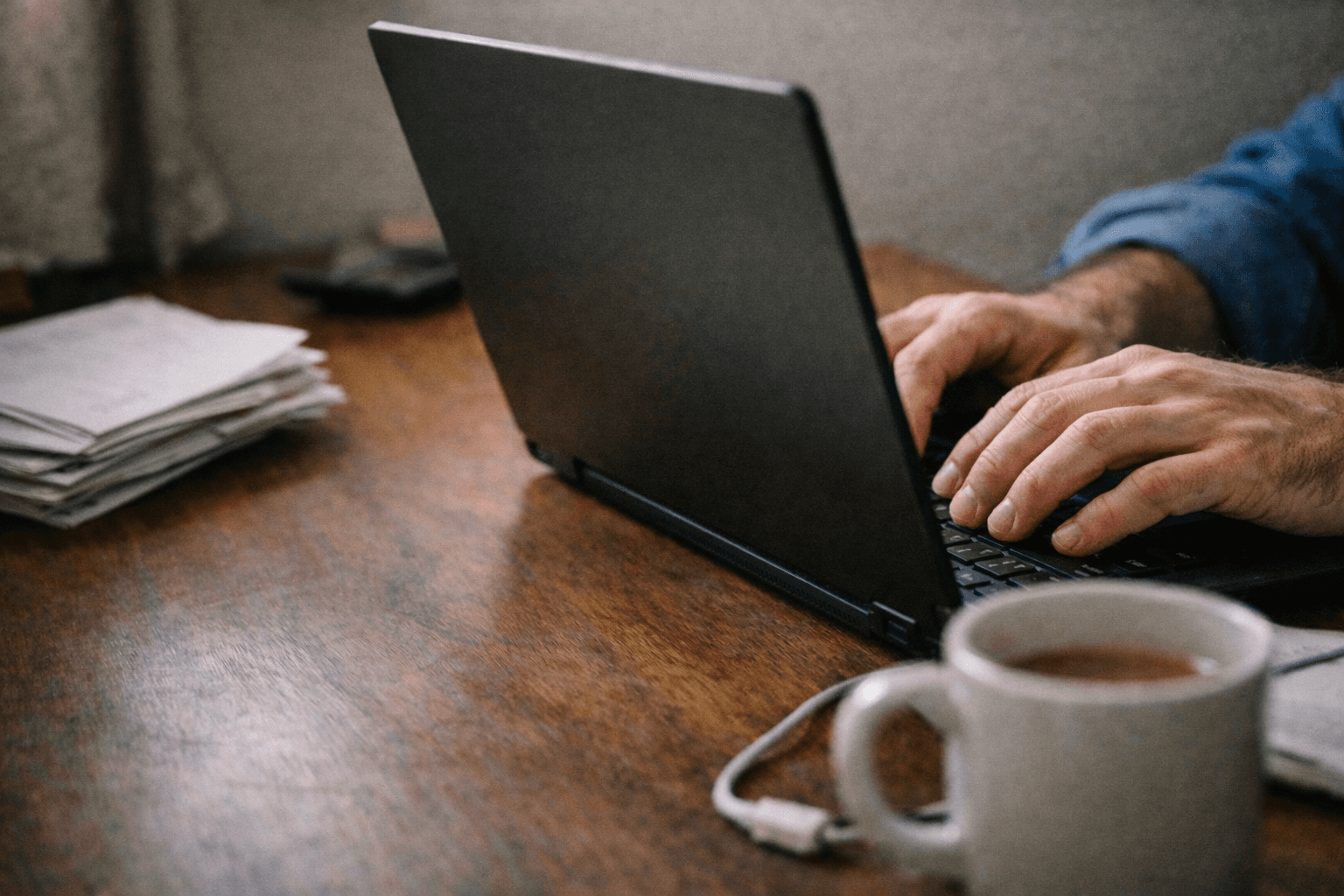 Before and after: messy desk with papers versus clean desk with laptop showing dashboard