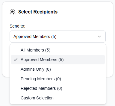 The recipient selection dropdown showing all filter options, with the recipient count displayed below