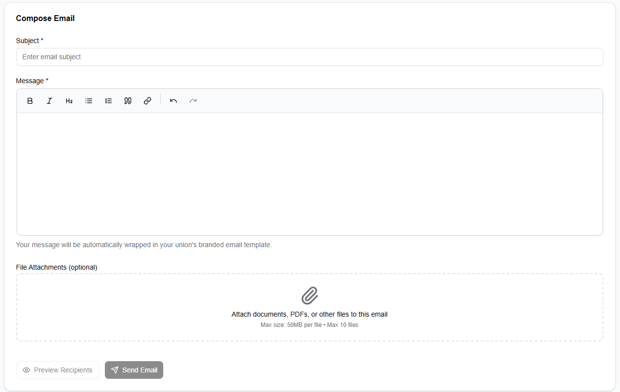 The Compose Email card showing the subject field, rich text editor with formatting toolbar, and file attachment area