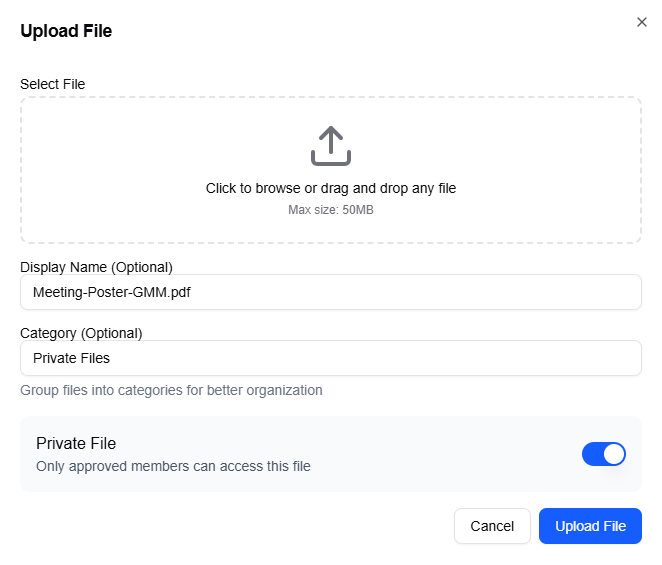 The Upload File dialog showing the file upload area, display name field, category input with suggestions, and the Private File toggle