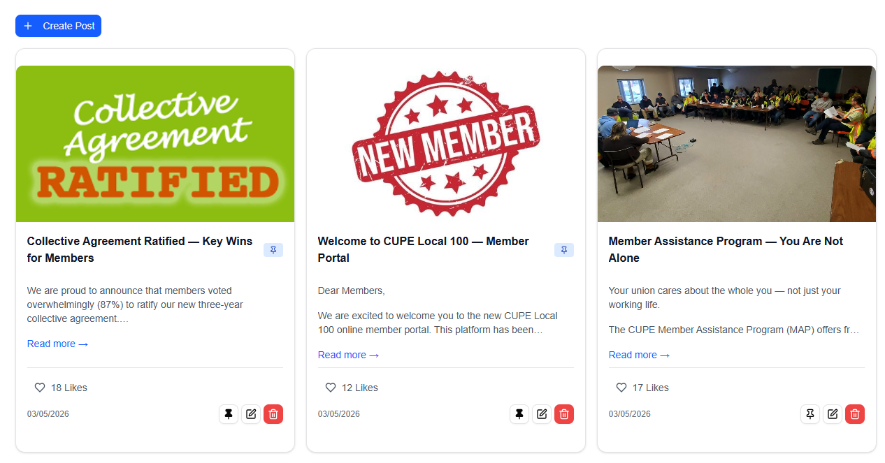 The News tab showing published posts with titles, content previews, and post images