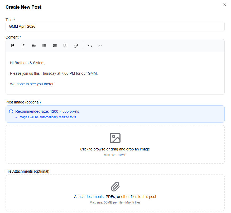 The Create New Post dialog showing the title field, rich text editor, image upload, file attachments, private toggle, and author selector