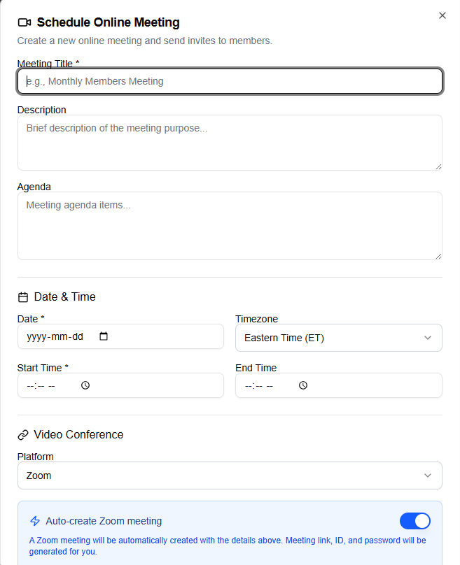 The Schedule Online Meeting dialog showing all form fields including title, date/time, platform selector, and the auto-create Zoom toggle