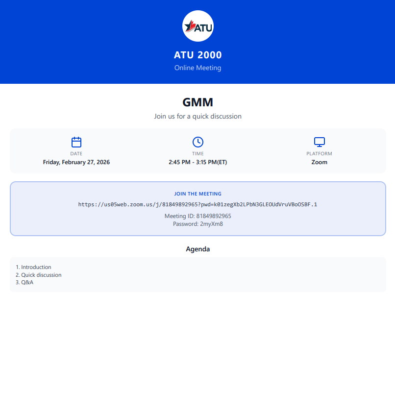 The Meeting Poster dialog showing the branded poster with union logo, meeting details, join link, and the Print/Save as PDF button