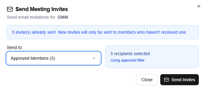 The Send Invites dialog showing the recipient selection dropdown and the existing invite count